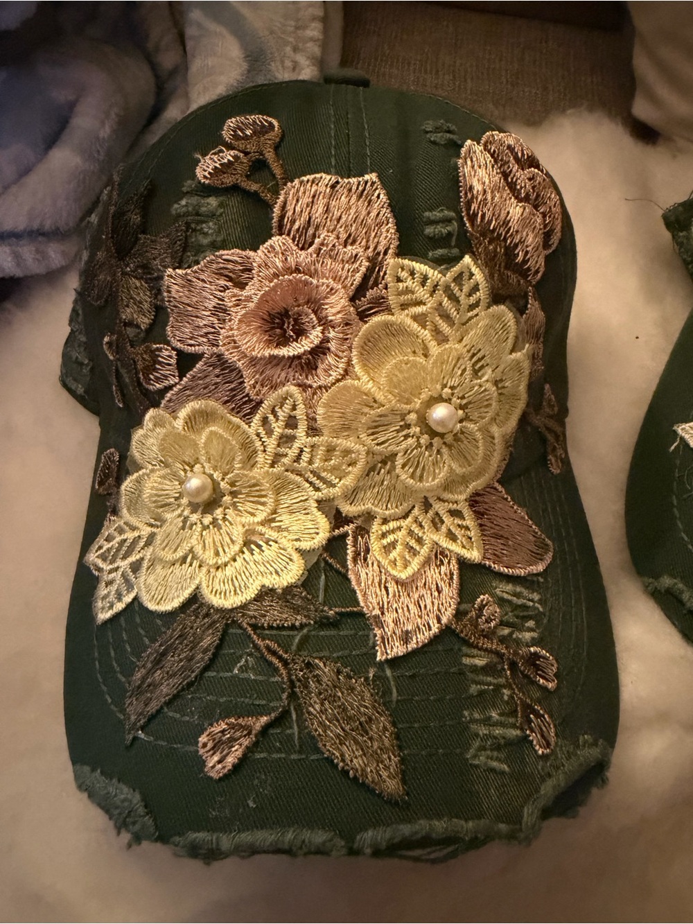 Embroidered Floral Green Baseball Cap with Yellow Appliquรฉ